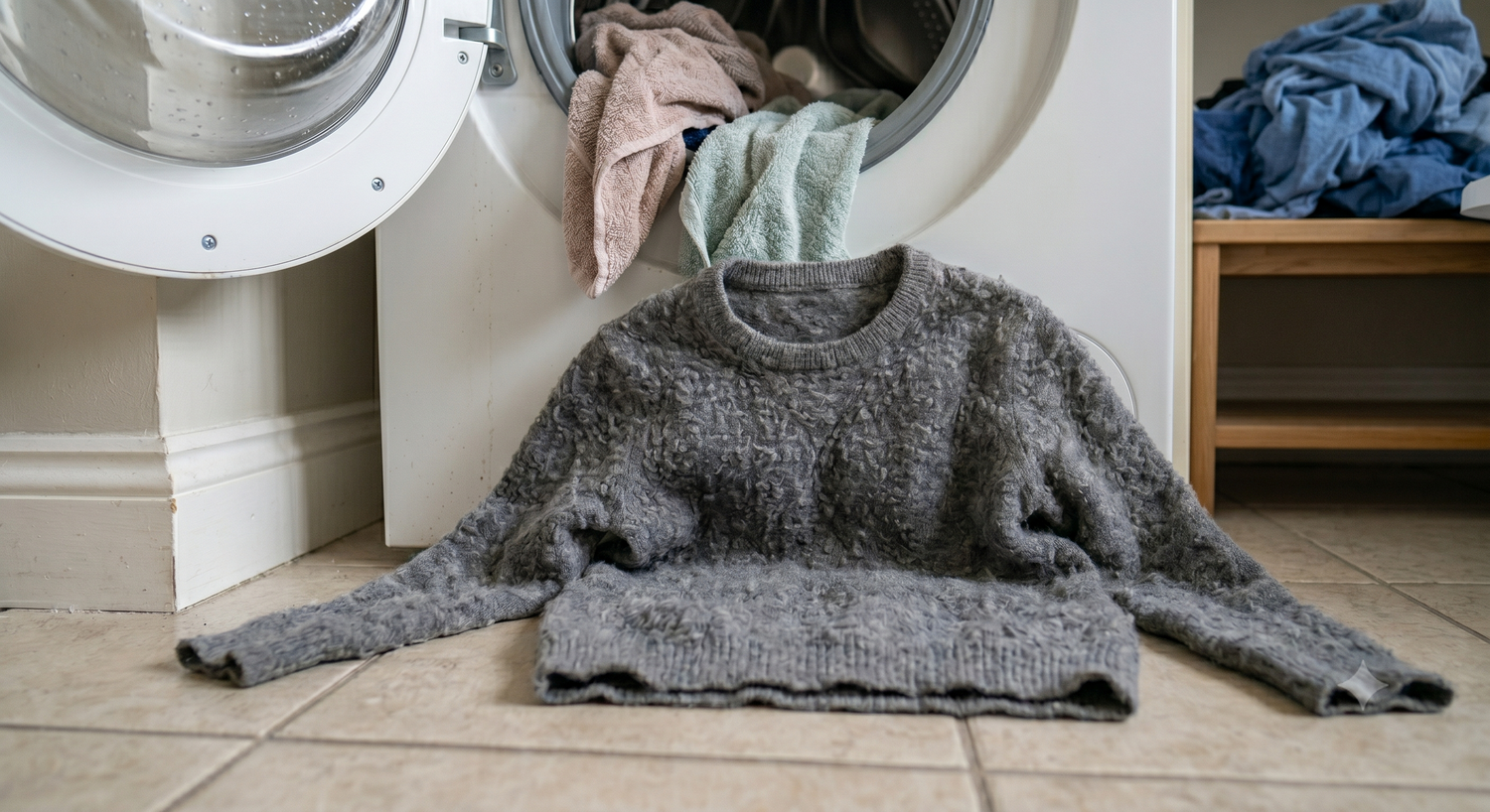 eingelaufender kaschmit pullover vor waschmaschine