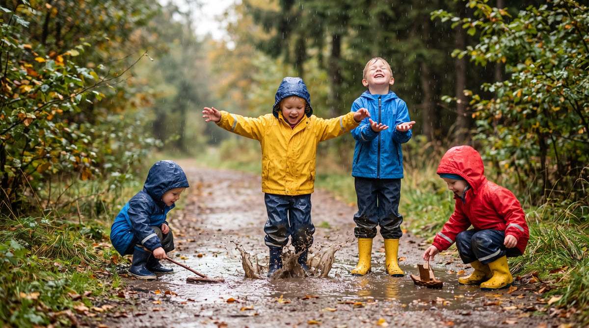 kinder in regenkleidung spielen im wald